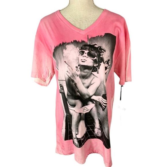 Project Miami Tops - Project Miami Glam Girl Smoking Rhinestone Pink Acid Wash T-Shirt